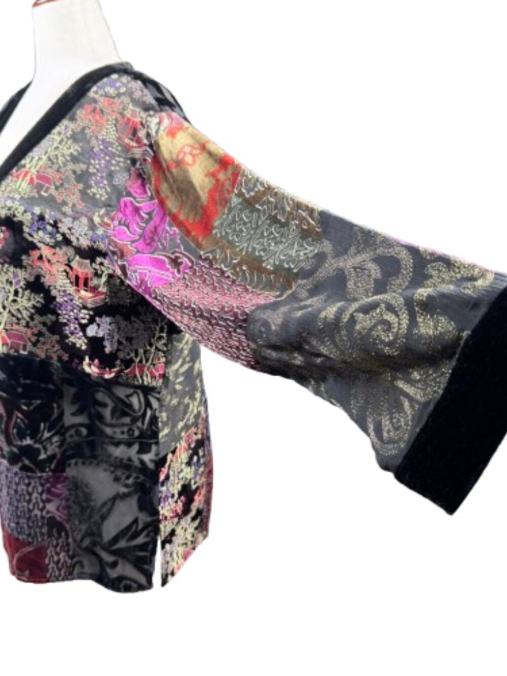 VTG Chico's Burnout Velvet Velour Silk Blend Patchwork Kimono Jacket (Size 3) - Picture 5 of 16
